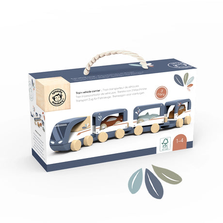 Wooden train vehicle carrier toy with three colorful cars designed for toddlers aged 12 months and up.