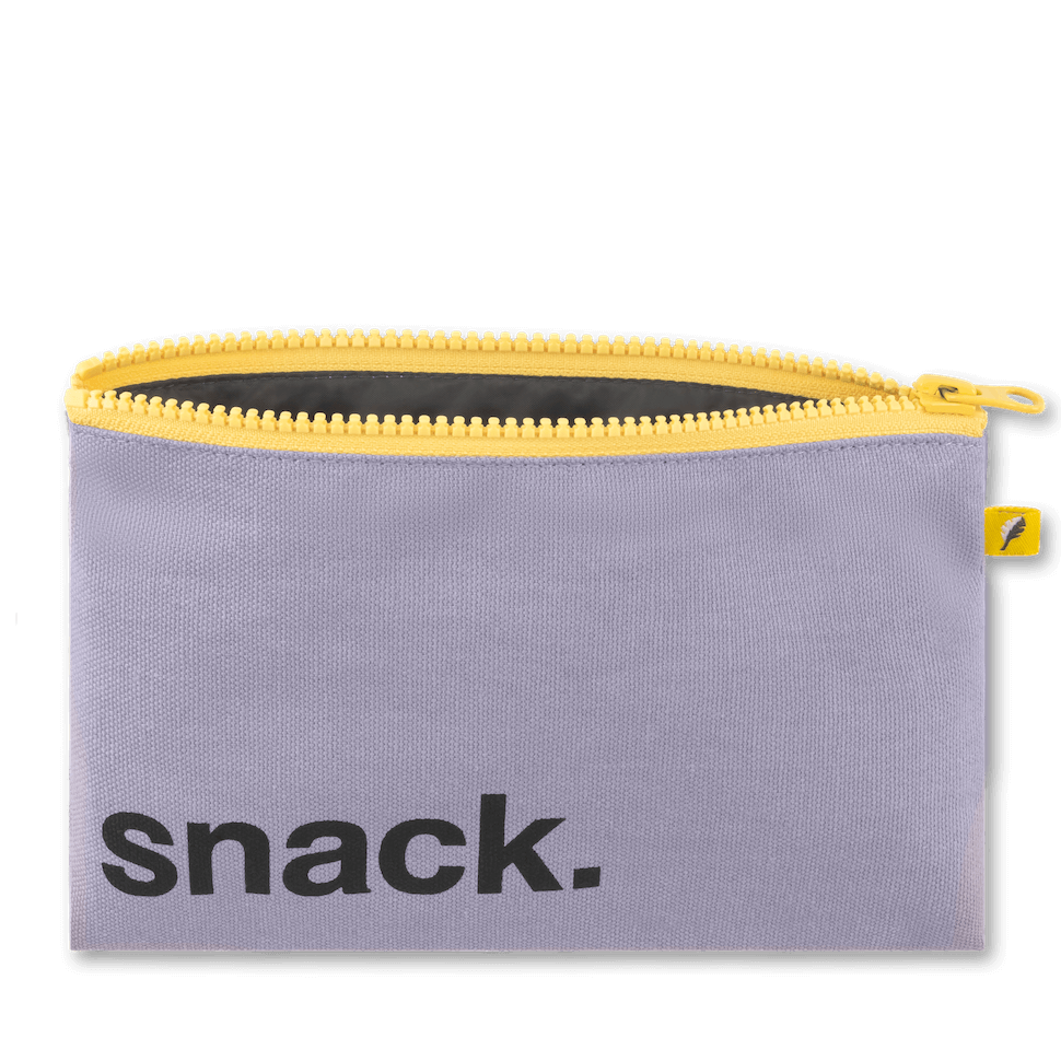 Reusable lavender snack bag with bright yellow zipper, spacious and machine washable for safe food storage.