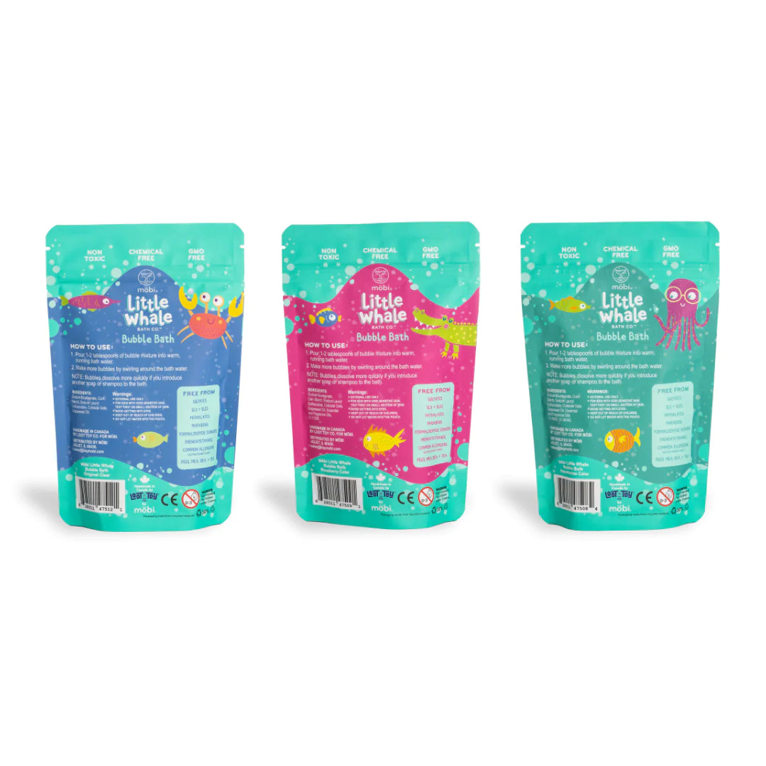 Three resealable pouches of Little Whale Bath Co Bubble Bath in Aquamarine, Raspberry, and Clear scents displayed standing up.