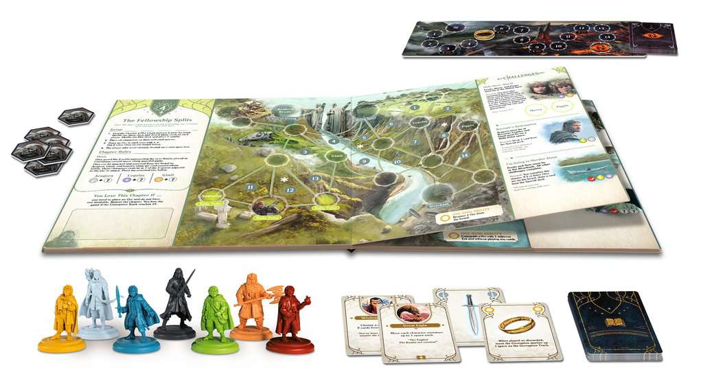 Lord of the Rings Adventure Book Game with character miniatures, game board, cards, and counters for epic gameplay.