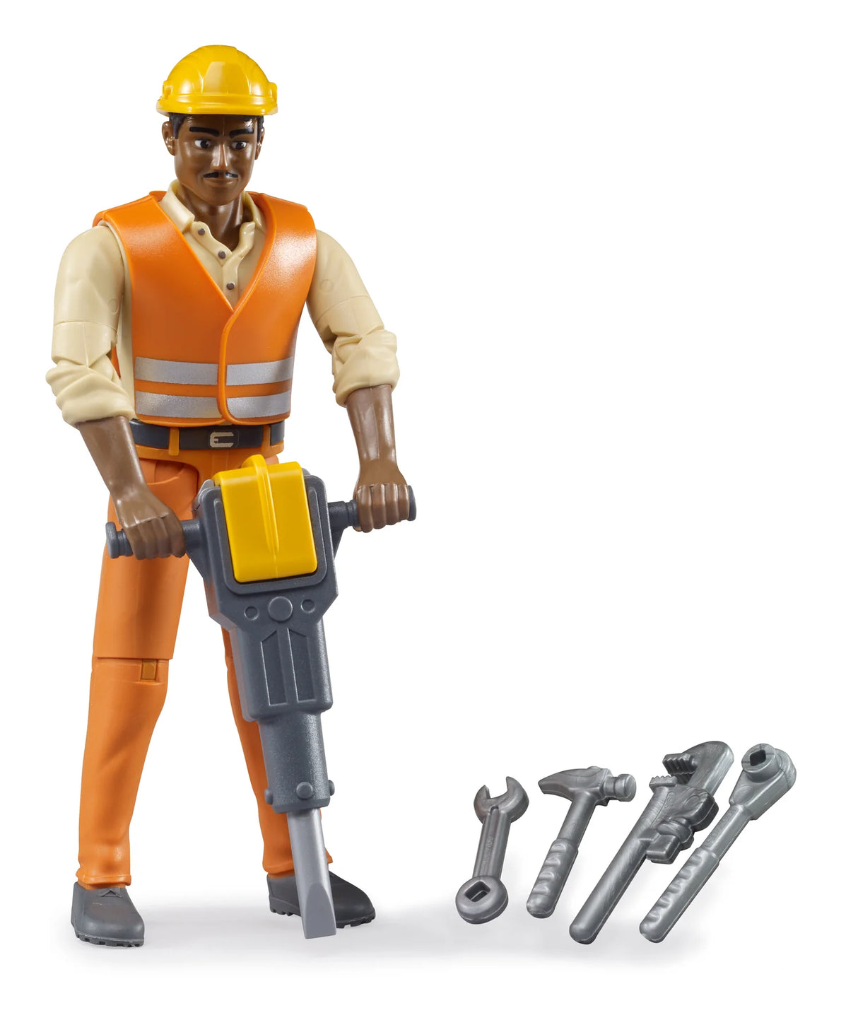 Construction Worker with Accessories toy figure wearing safety gear and holding a pneumatic hammer with additional tools.
