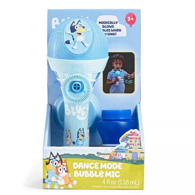 Bluey Dance Bubble & Sing Mic with lights and bubbles, includes bubble solution and is voice-activated for kids 3 and up.