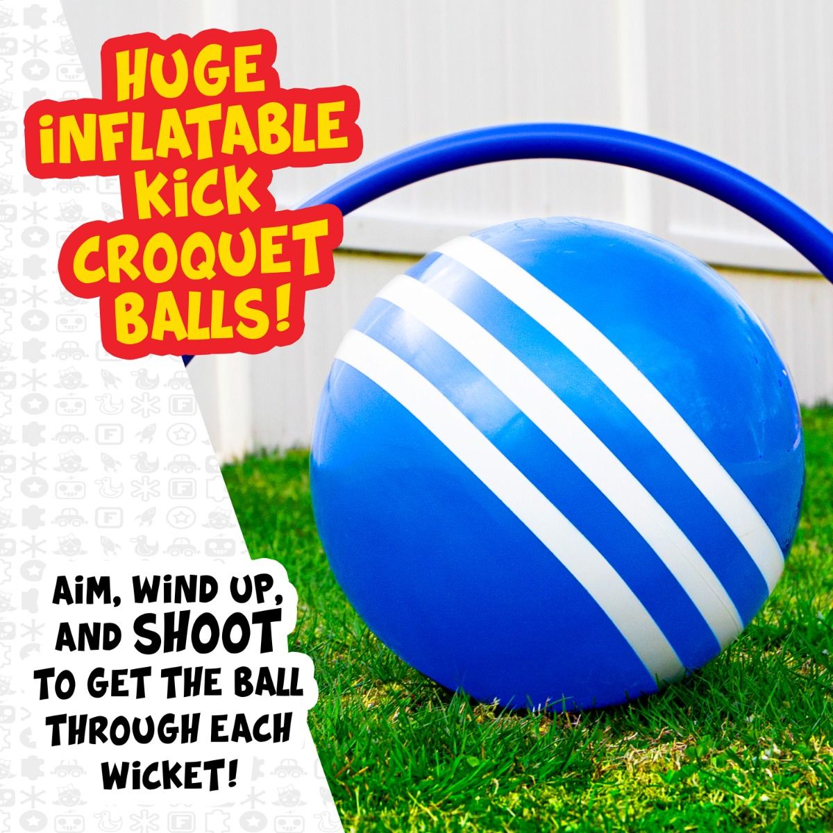 Kick Croquet blue inflatable ball on grass with wicket hoop for backyard soccer croquet game fun.