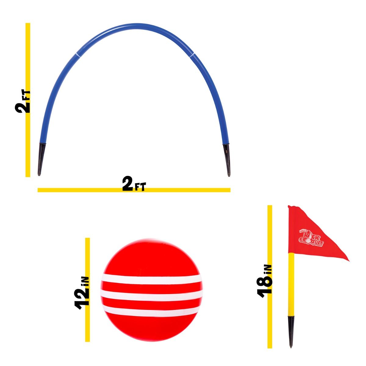 Kick Croquet game set showing a blue wicket, red 12-inch ball, and red finish flag with measurements.