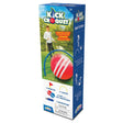 Kick Croquet game box showing equipment pieces and a child playing the backyard croquet and soccer hybrid game.