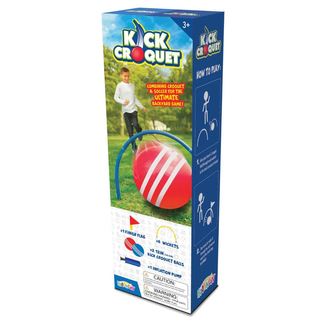 Kick Croquet game box showing equipment pieces and a child playing the backyard croquet and soccer hybrid game.