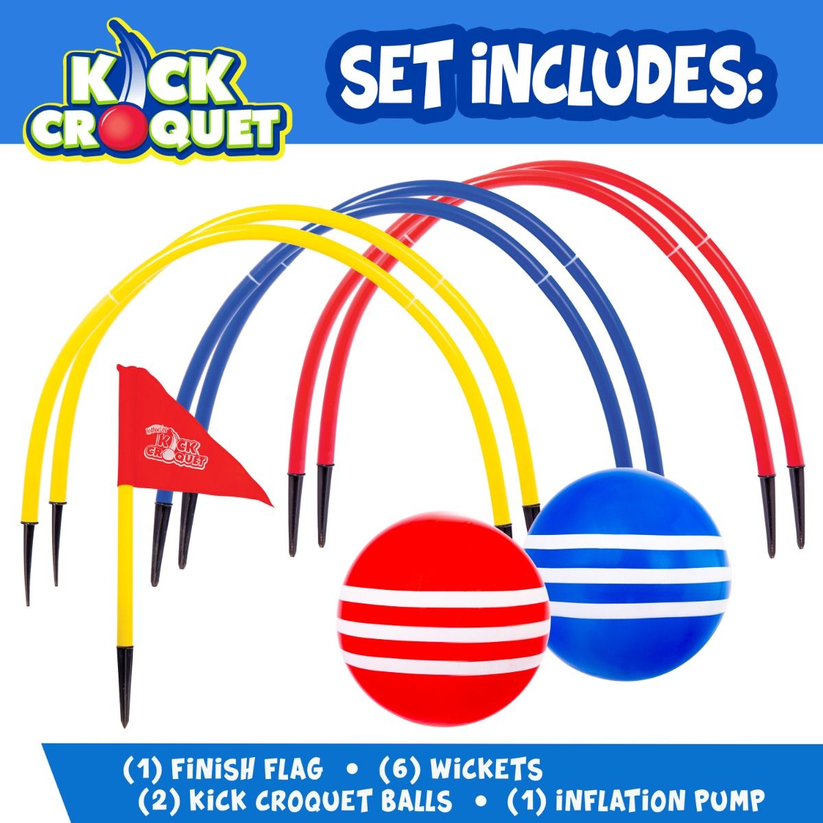 Kick Croquet set with 6 wickets, 2 red and blue kick croquet balls, a finish flag, and an inflation pump.