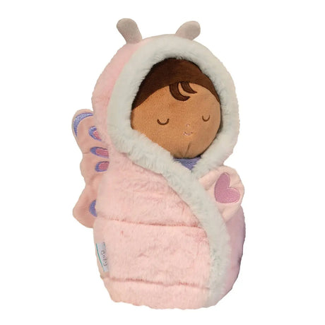 Baby Butterfly Hug plush doll wrapped in soft pink butterfly-themed swaddle with heart detail and antennae.