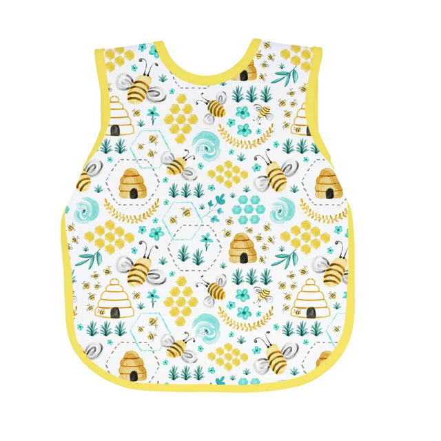Bapron | Busy Bees 6M-3T toddler waterproof bib-apron with yellow trim and bee hive pattern for full coverage.