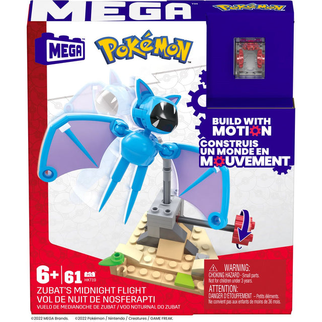 Mega Construx Pokemon Zubat featuring 61 pieces with Build with Motion for interactive play and midnight flight action.