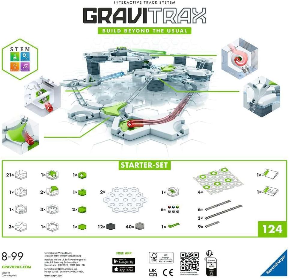 GraviTrax Starter Set with 122 pieces for building STEM marble runs featuring tracks, magnetic cannon, and interactive elements.