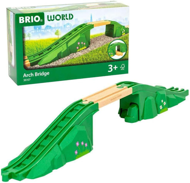 Green toy arch bridge with wooden track piece for train sets, designed for imaginative play and elevated layouts ages 3 and up