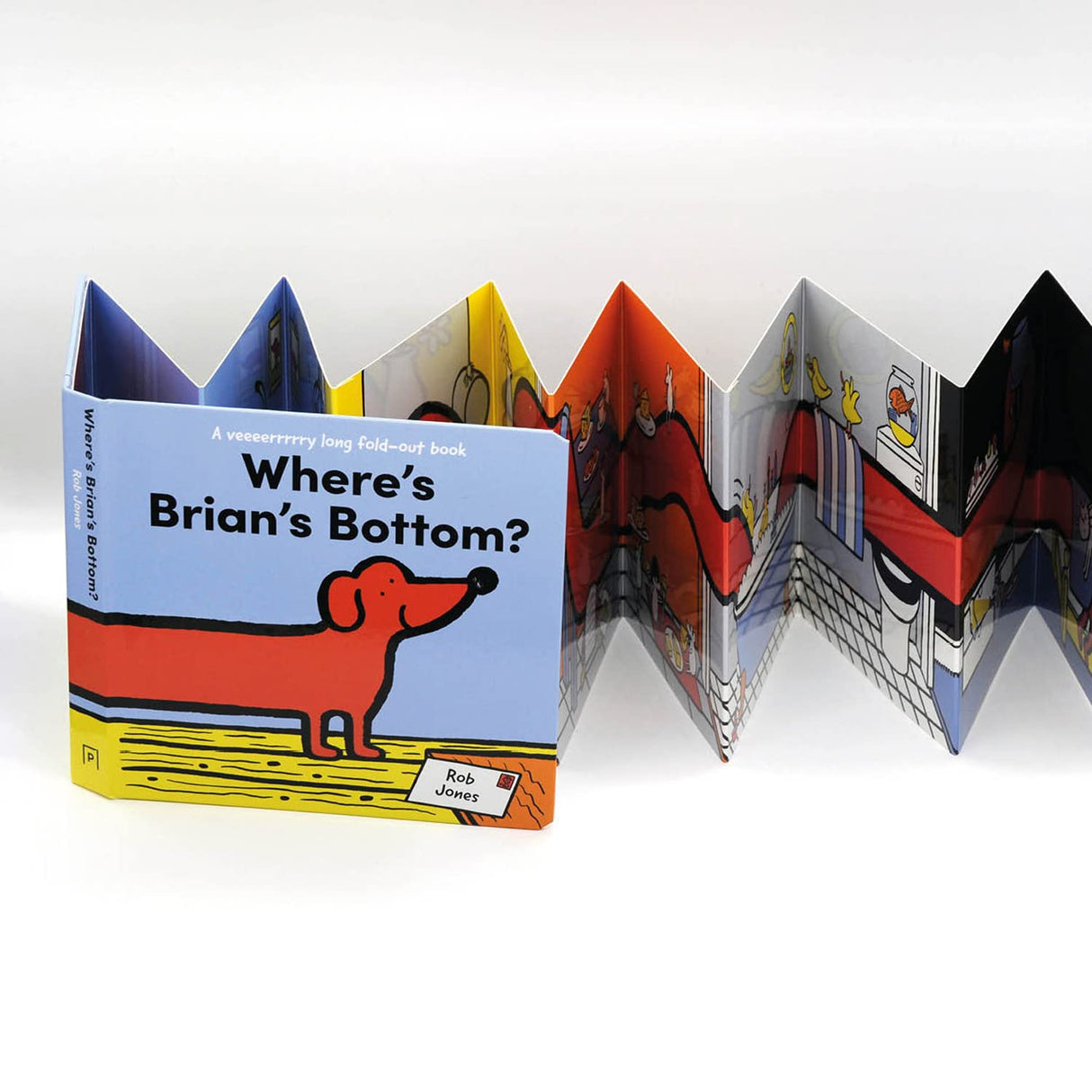 Where's Brian's Bottom? is a long fold-out board book featuring a playful sausage dog searching for his bottom.