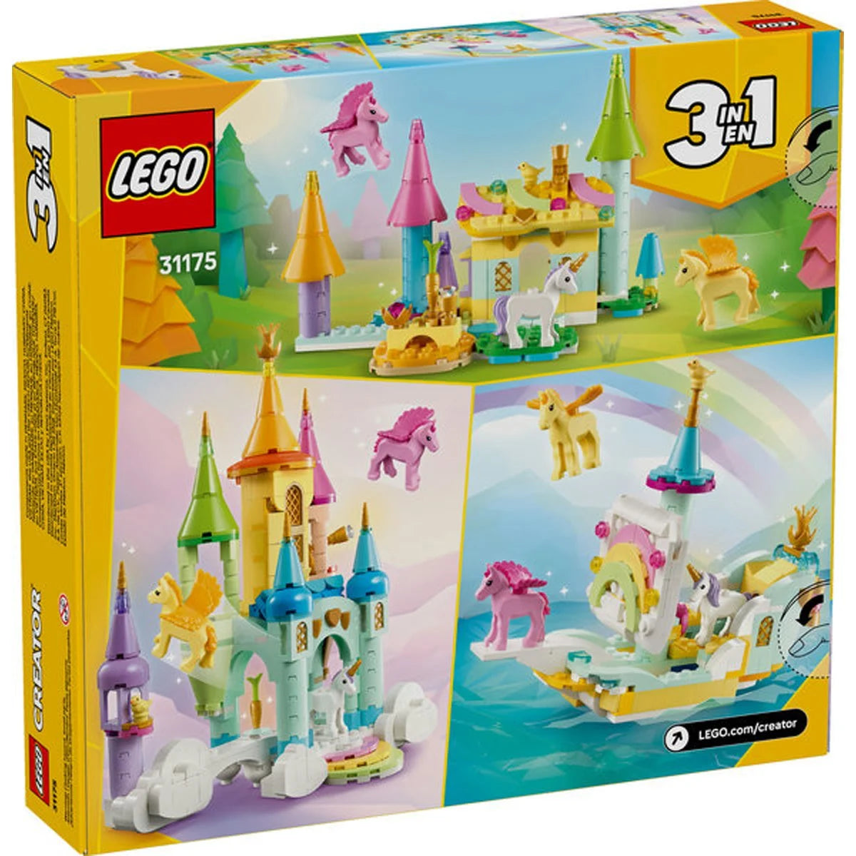 LEGO Creator set featuring a unicorn castle with colorful towers, rainbow staircase, and three magical unicorn figures