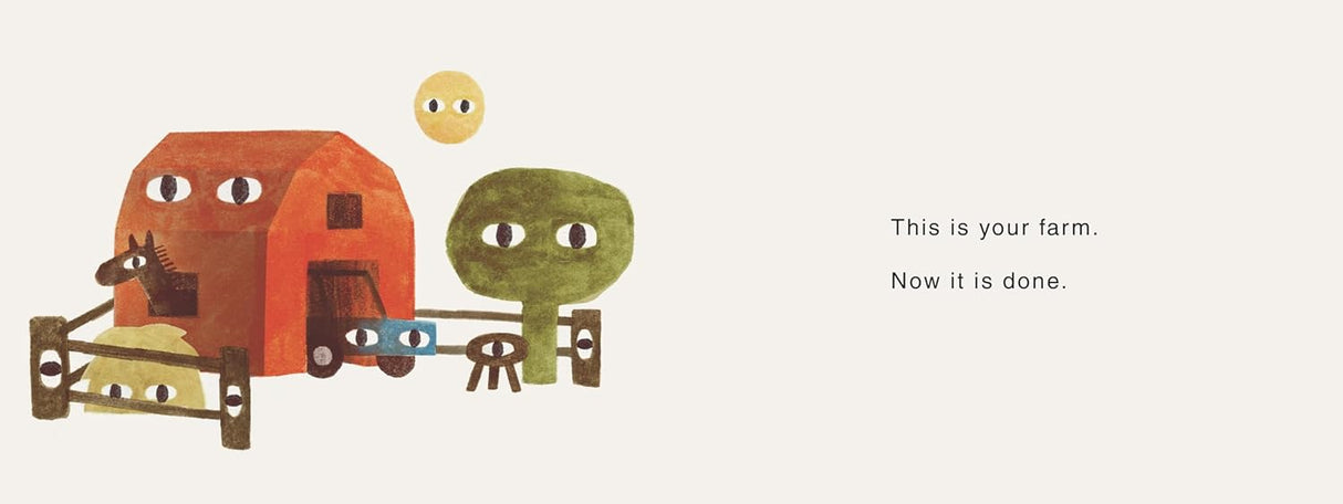 Illustration of barn, tree, sun, horse, truck, fence, and stool in Your Farm children's board book by Jon Klassen.