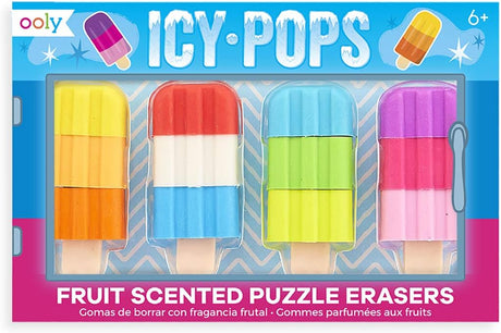 Icy Pops Puzzle Erasers are colorful, fruit-scented popsicle-shaped erasers that mix and match for fun.