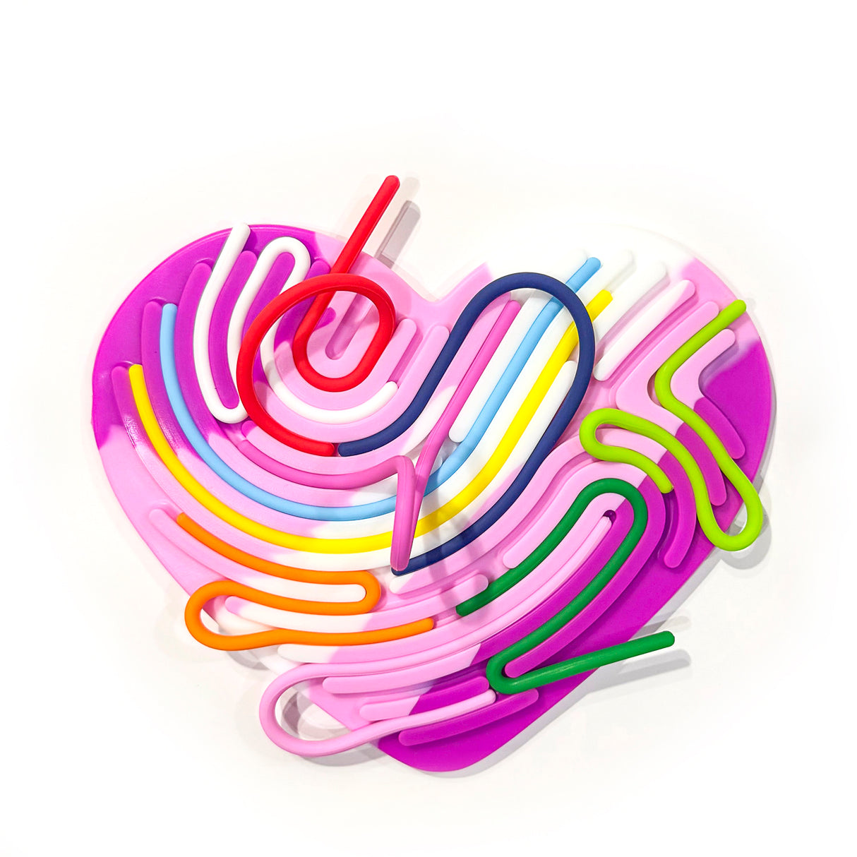 Silly Tubes Silicone Sensory Toy in heart shape with colorful loops for fine motor and sensory play.