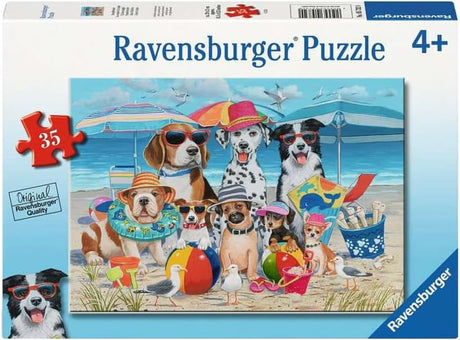 35pc Beach Buddies Puzzle showing dogs in colorful beachwear and accessories on a sunny sandy beach scene.