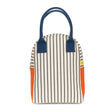 Roomy zipper lunch bag with pencil stripe design, navy handles, and orange side panels, made from organic cotton.