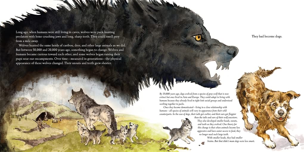 Illustration from Dogs: A History of Our Best Friends showing wolves and early dogs in a natural landscape.