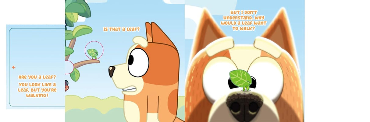 Bluey and Bingo's Book of Bugs showing Bluey with a leaf on his nose and interactive text asking about leaves and walking.