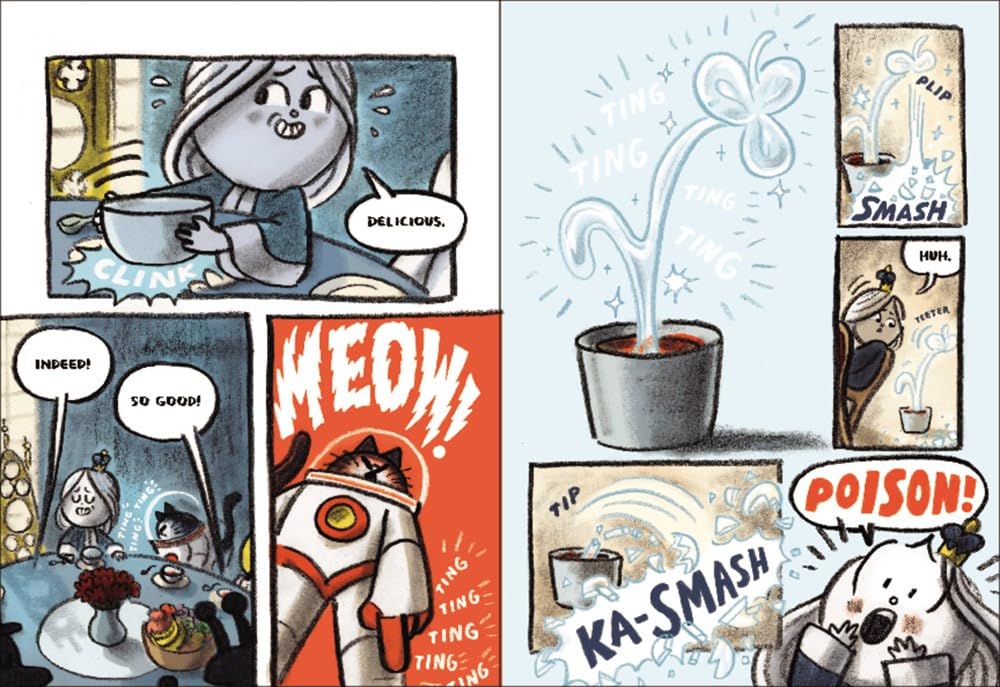 Comic panels from First Cat in Space and the Soup of Doom showing characters reacting to poisoned soup.