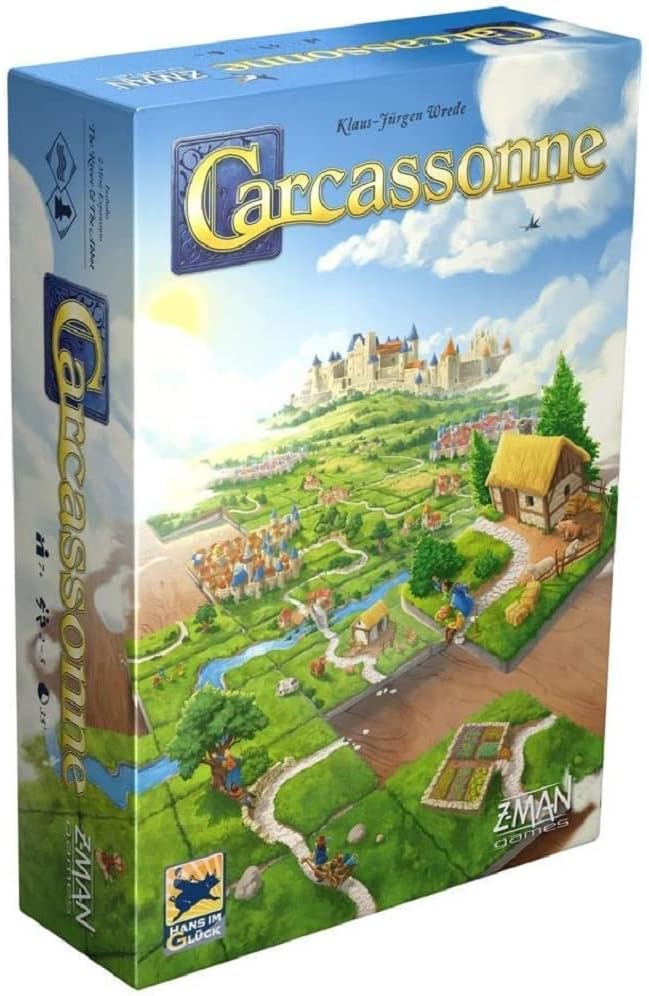 Carcassonne board game box showing medieval fortress city landscape and countryside tile-laying design.