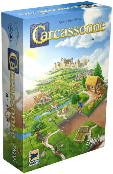 Carcassonne board game box showing medieval fortress city landscape and countryside tile-laying design.
