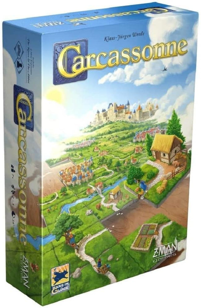 Carcassonne board game box showing medieval fortress city landscape and countryside tile-laying design.