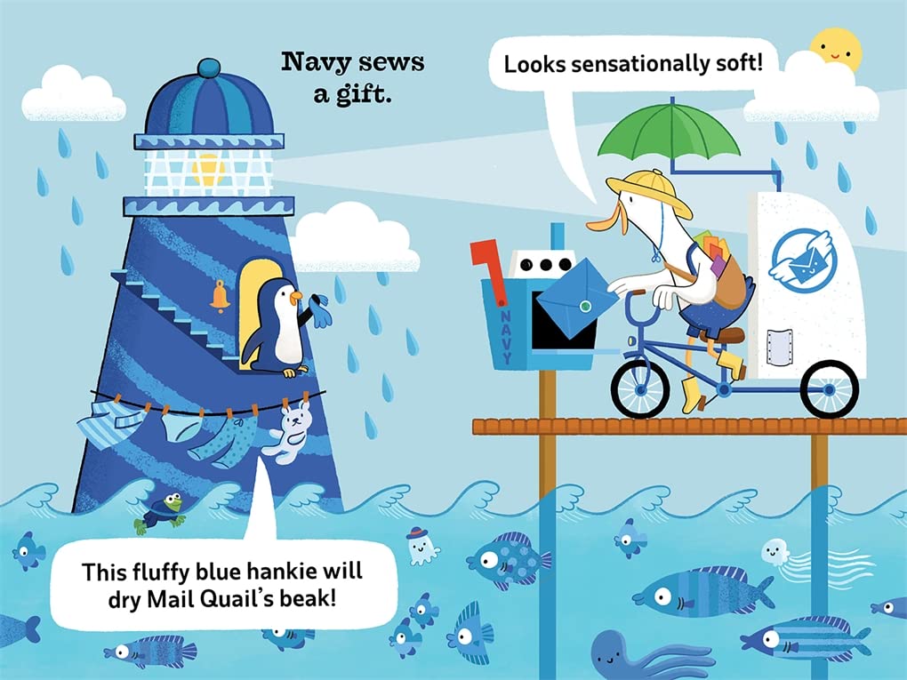 Mail Duck Helps a Friend Lift the Flap showing Navy sewing a blue gift by the lighthouse with fish below.