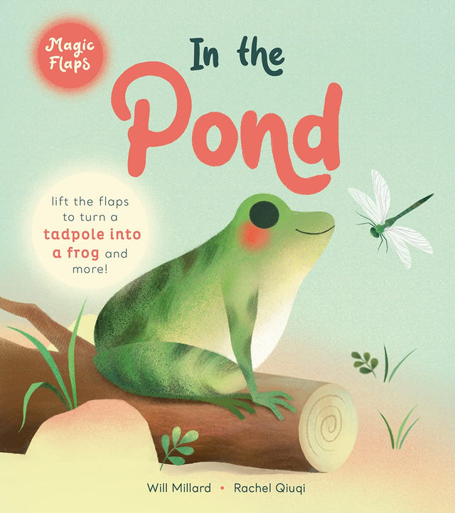 In the Pond Lift the Flap book cover showing a frog on a log with a dragonfly and nature scene for toddlers.