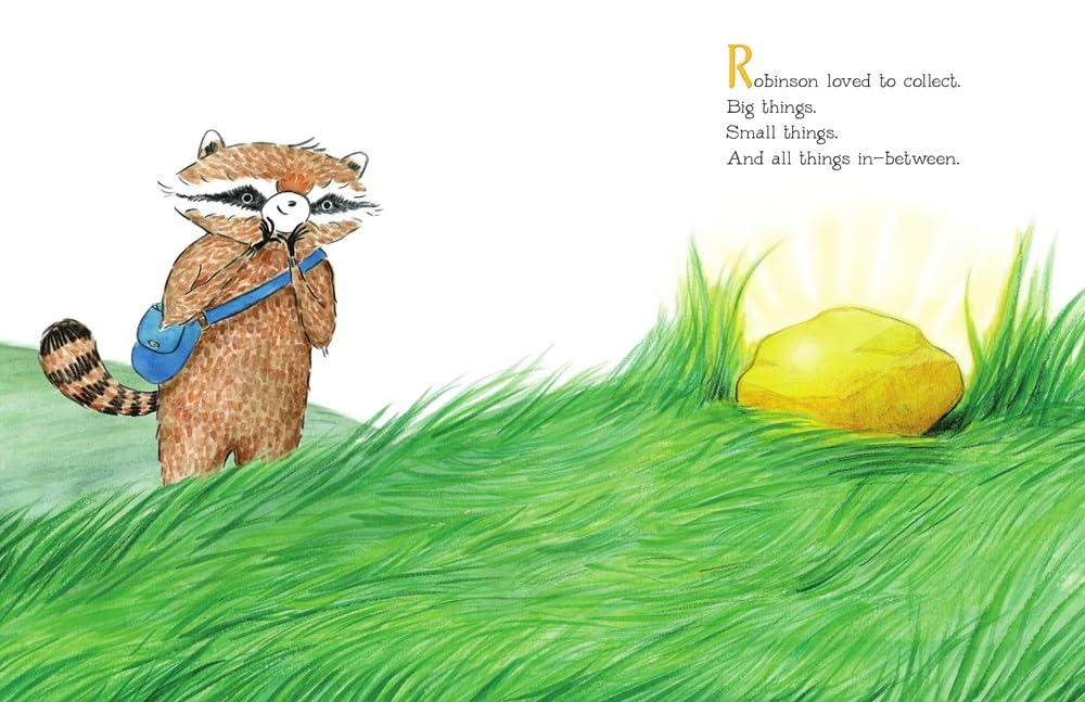 Illustration from Robinson's New Thing showing Robinson the raccoon with a blue bag beside a yellow rock in green grass.