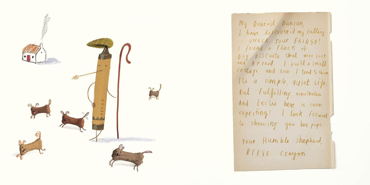 Illustration from The Day the Crayons Made Friends showing Beige Crayon as a shepherd with dogs and a handwritten note.