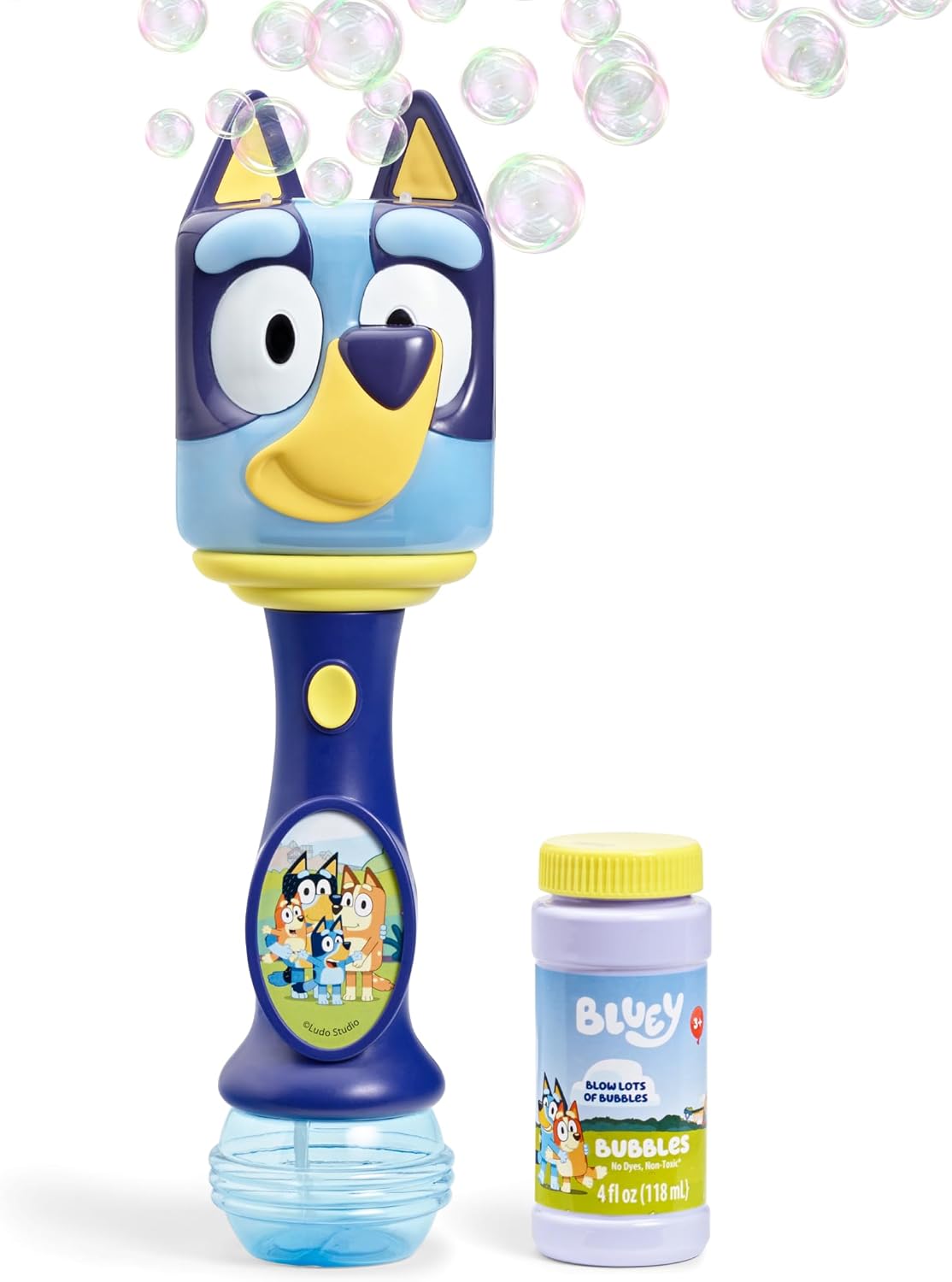 Bluey Lights & Sounds Bubble Wand with character design, bubbles, and included bubble solution for kids’ playtime fun.