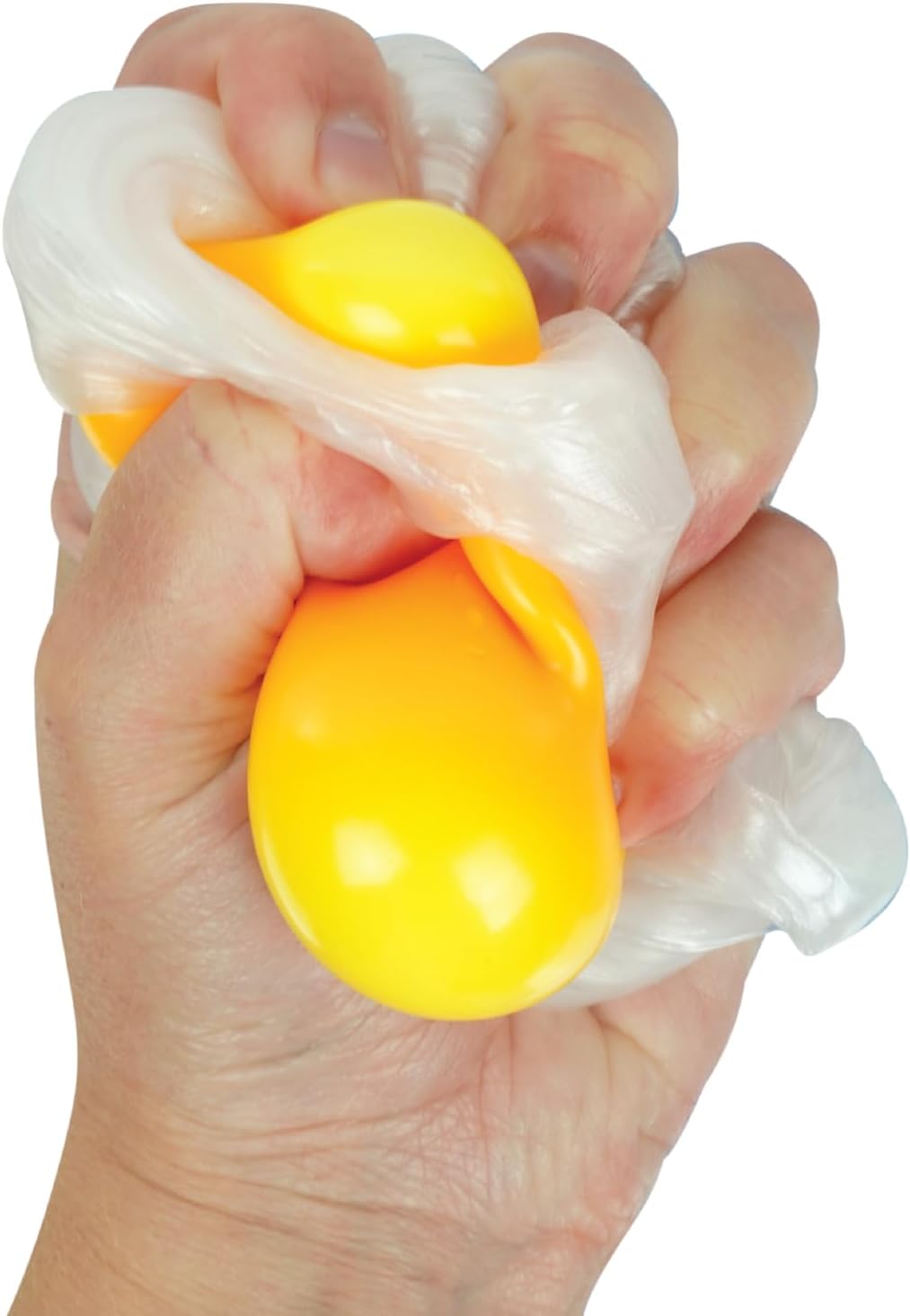 Hand squeezing the Egg-cellent Thinking Putty with its yellow globby ball for a fun sensory experience.