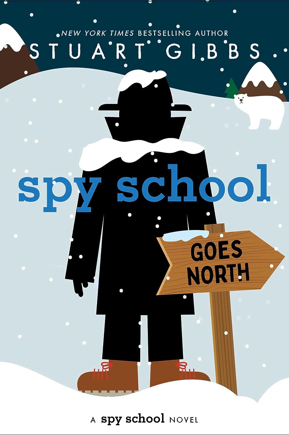 Spy School #11: Goes North book cover with snowy figure, polar bear, and mountain in winter setting.