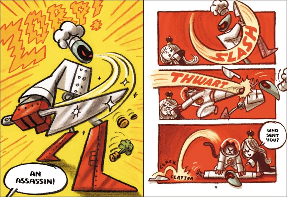 First Cat in Space and the Soup of Doom comic panels showing action scenes with characters and dialogue.