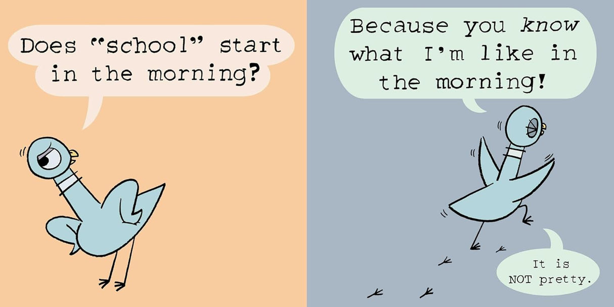 Illustration from Pigeon HAS to go to School showing the pigeon worried about the school morning routine.