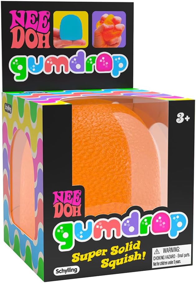 NeeDoh Gumdrop in bright orange, firm and squishy textured toy with retro neon style packaging for ages 3 and up.
