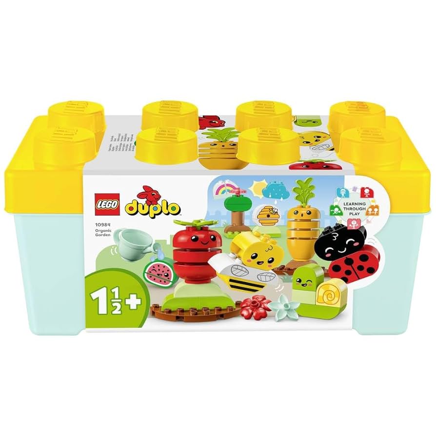 Colorful stacking toy set with garden characters including ladybug, bee, fruits, and vegetables in a bright storage box for toddlers.