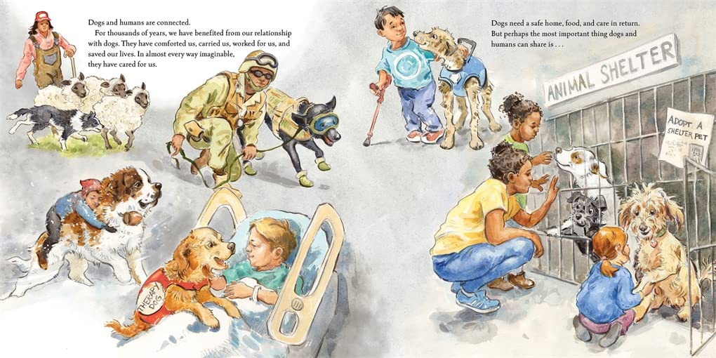 Illustration from Dogs: A History of Our Best Friends showing diverse people caring for and playing with dogs.