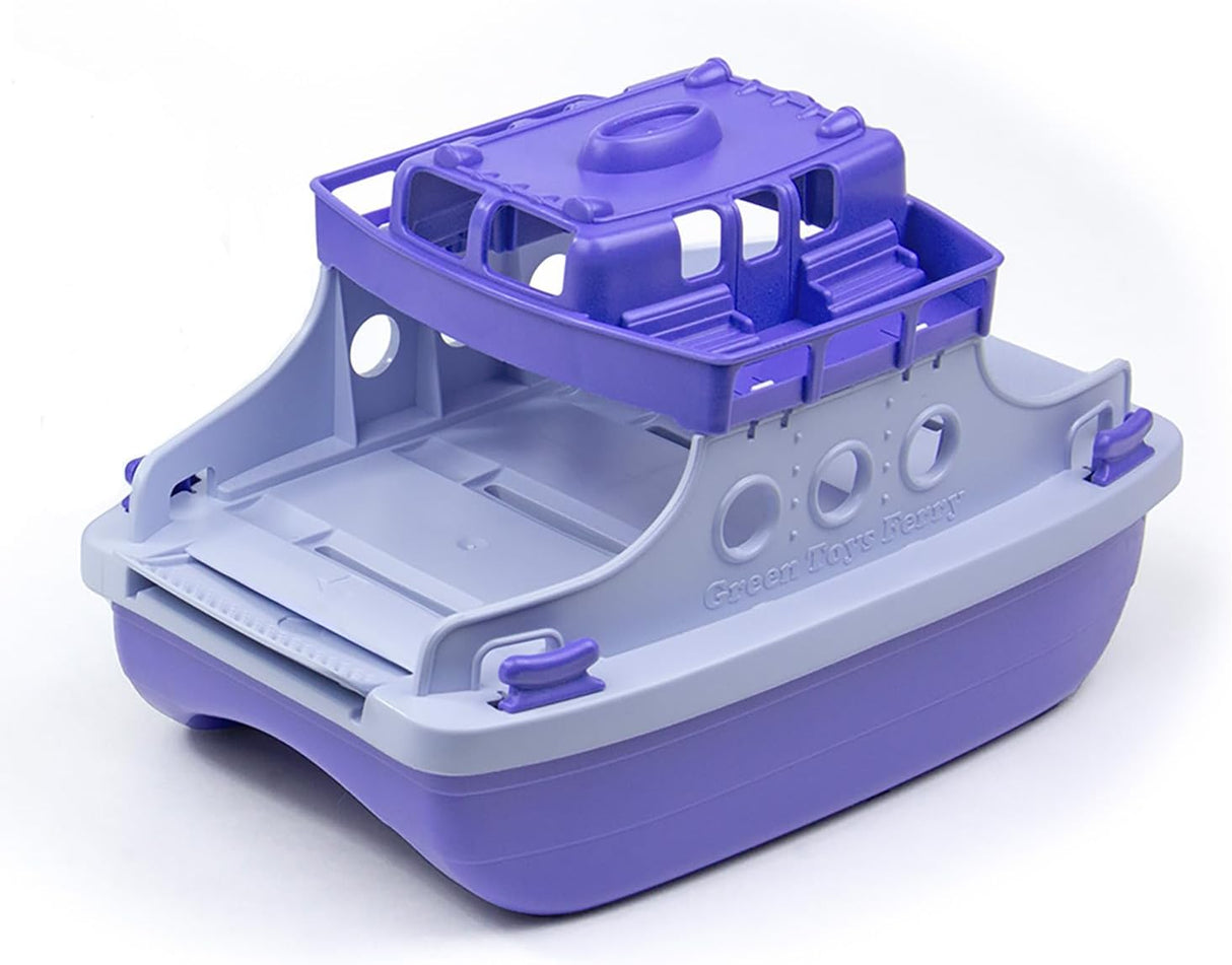 Purple and gray two-story Green Toys Ferry Boat OceanBound with slide-out ramp and spacious hull for toy cars.