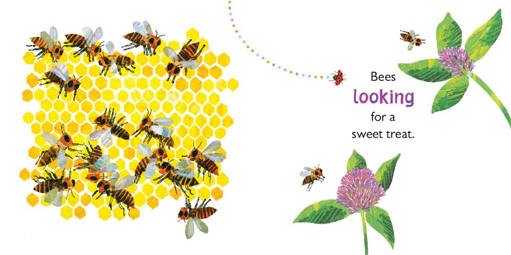 Spring Sings for The Grouchy Ladybug shows bees buzzing around a honeycomb and flowers in bright Eric Carle style.