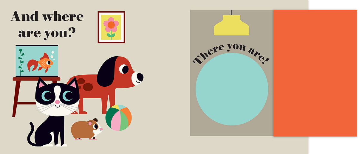 Where's the Cat? Flap Book showing a cat, dog, guinea pig, and goldfish with interactive flaps for toddlers.