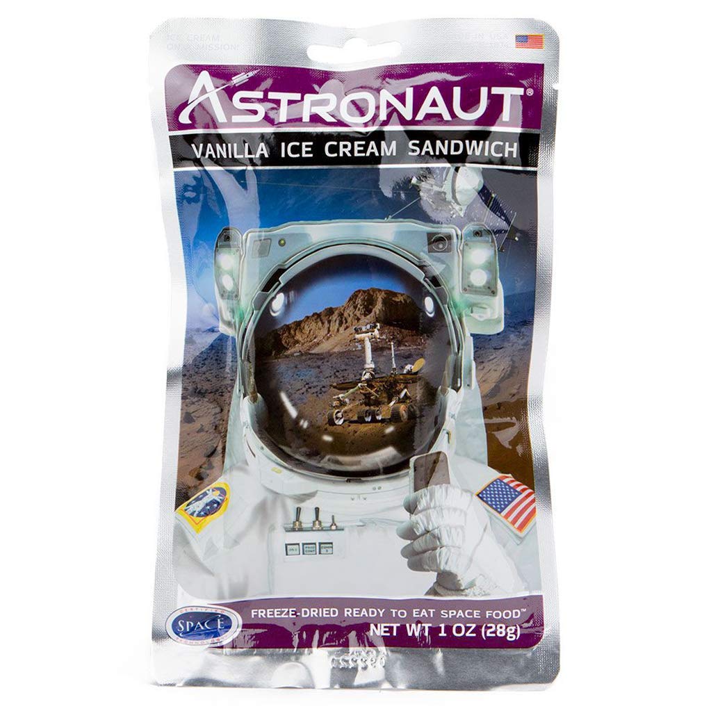 Astronaut Ice Cream Sandwich vanilla freeze-dried treat in space-themed packaging, perfect for snacking on the go.