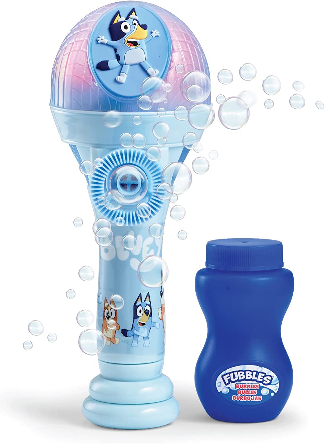 Bluey Dance Bubble & Sing Mic with character design, bubble blower, and included bubble solution bottle.