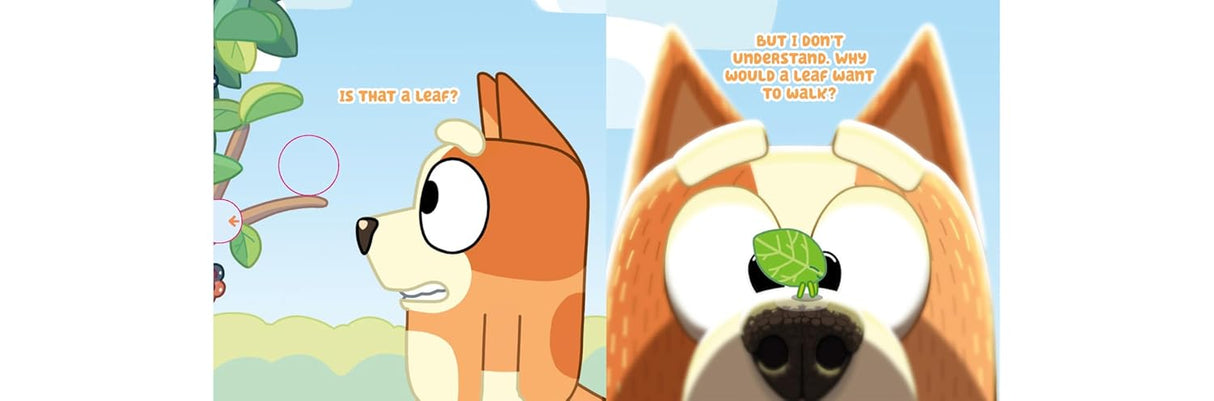 Bluey and Bingo's Book of Bugs featuring Bluey with a leaf on his nose and interactive bug discovery scenes.