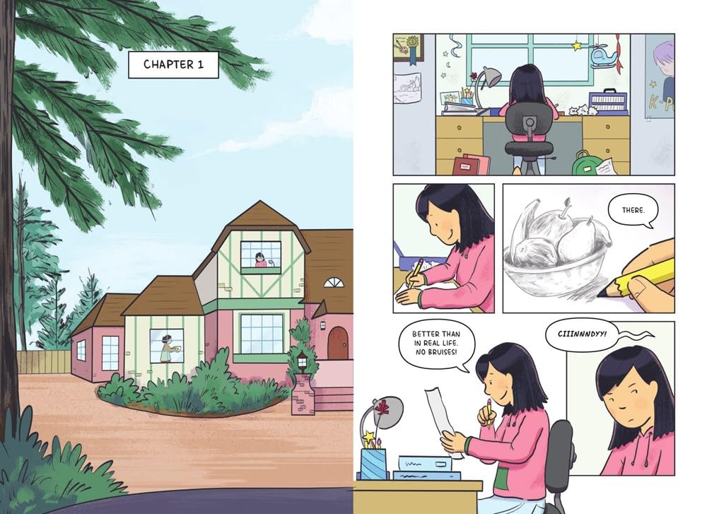 Illustration from How to Draw a Secret showing Cindy drawing a perfect art piece in her room while planning secretly.