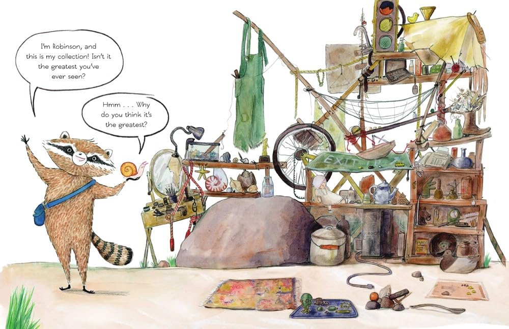 Illustration from Robinson's New Thing showing Robinson the raccoon proudly presenting his large collection of found objects.