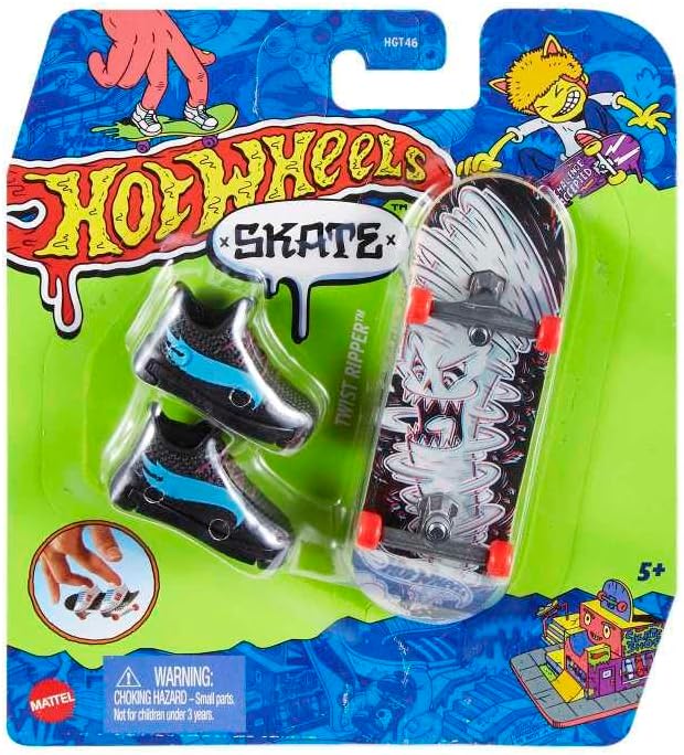 Hot Wheels Skateboard & Shoes mini set with black-blue shoes and graphic skateboard for kids ages 5 and up.